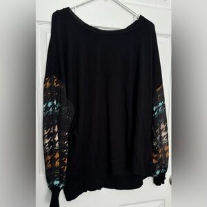 Partial Sheer Patterned Sleeved Sweater 2X